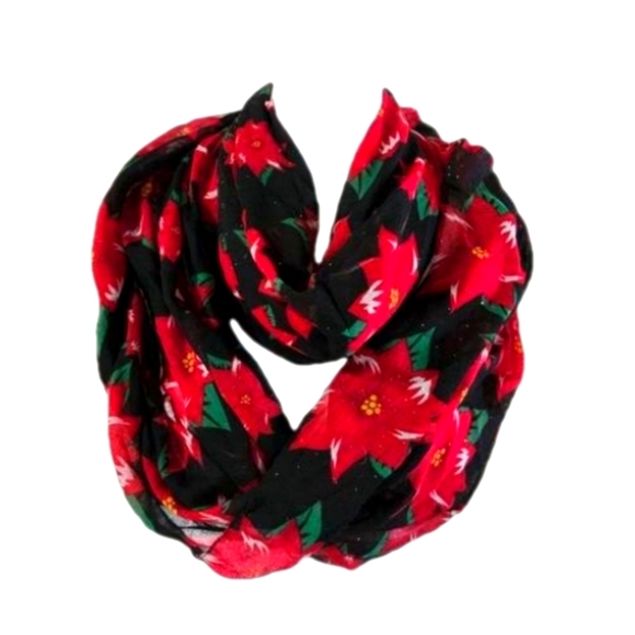 Infinite Scarf Holiday Poinsettia Scarve Multy-way Floral Black & Red X-mas Wrap - Picture 2 of 16